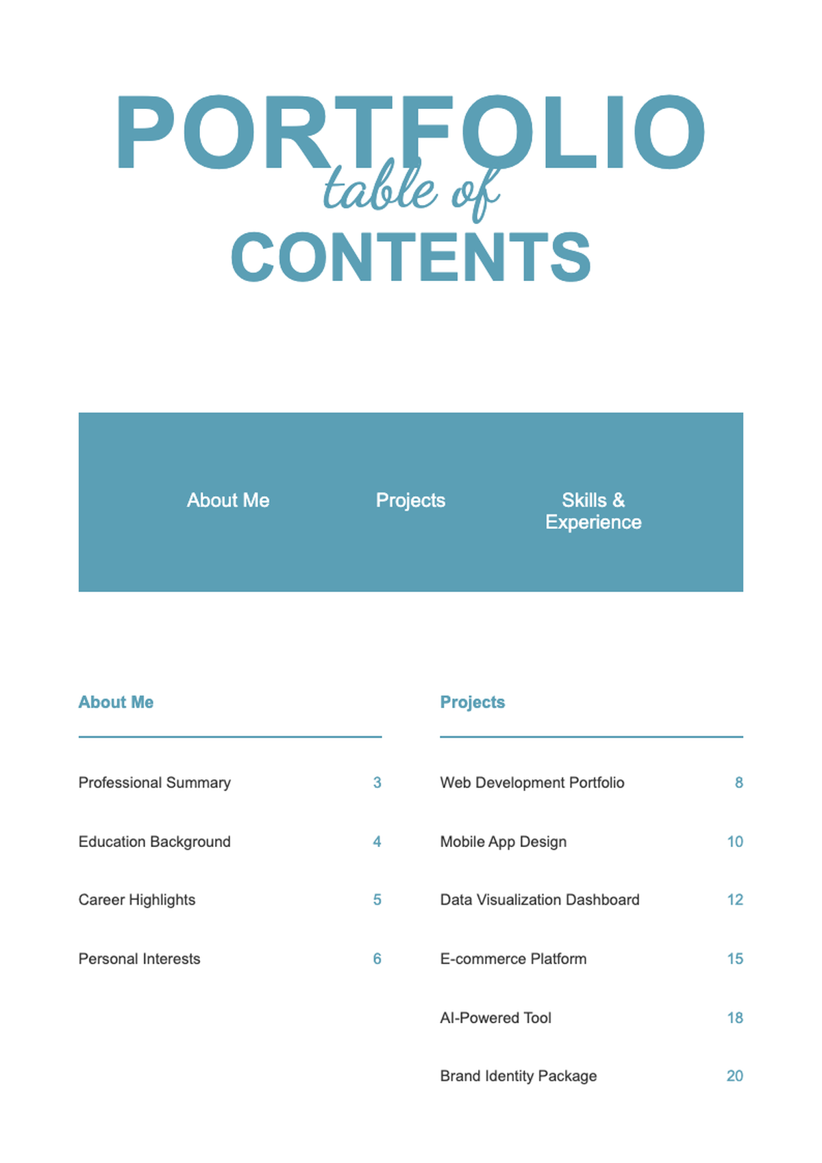 Portfolio table of contents with section counts and page numbers_variant_3